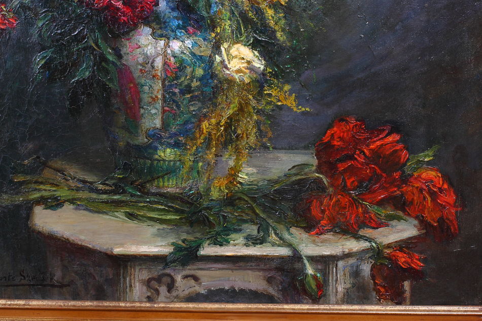 Flowers in a vase on a table / Oil Painting