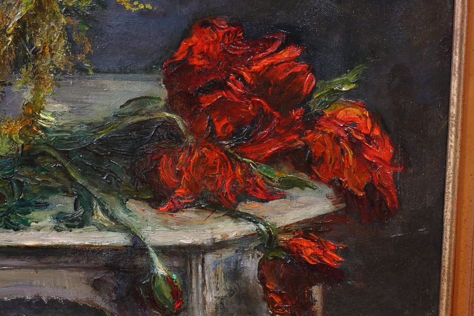 Flowers in a vase on a table / Oil Painting