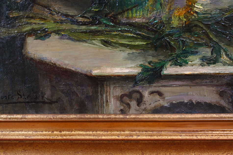 Flowers in a vase on a table / Oil Painting
