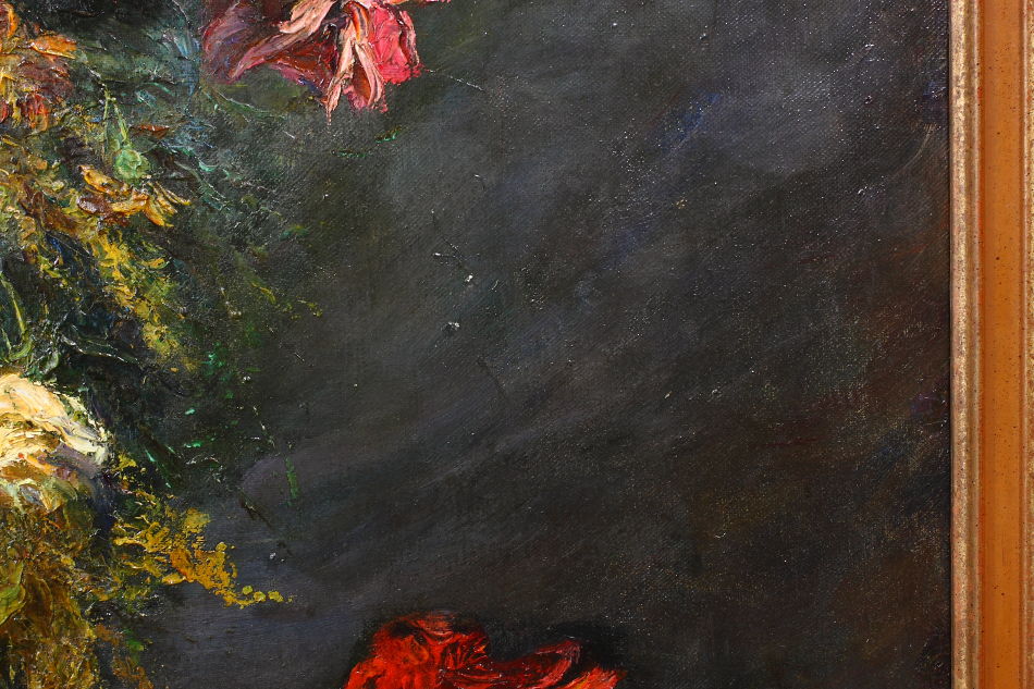 Flowers in a vase on a table / Oil Painting
