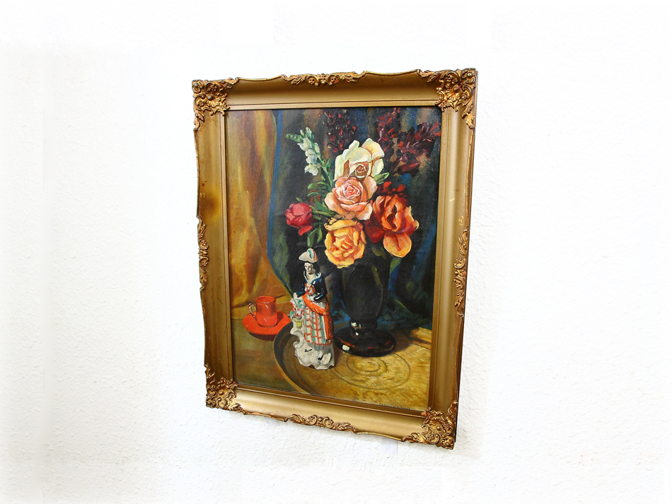 Flowers and a Porcelain Figure / Oil Painting