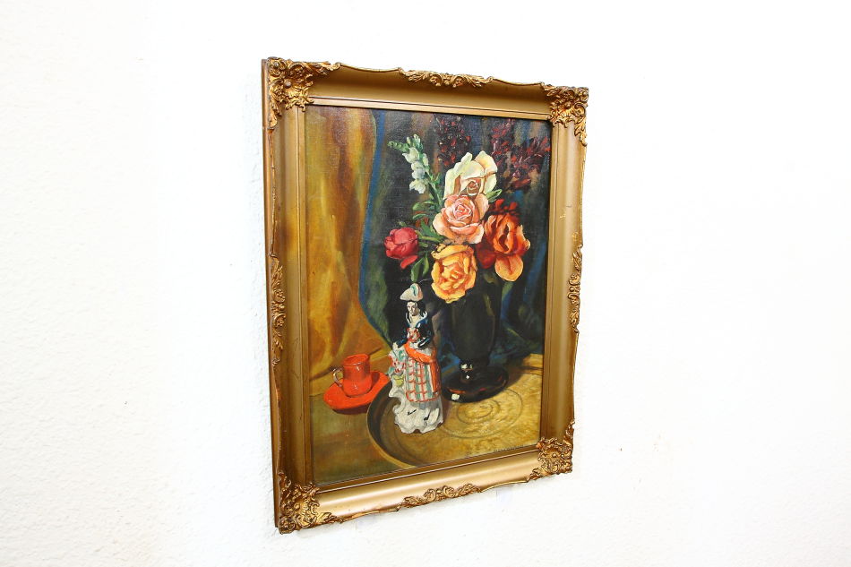 Flowers and a Porcelain Figure / Oil Painting