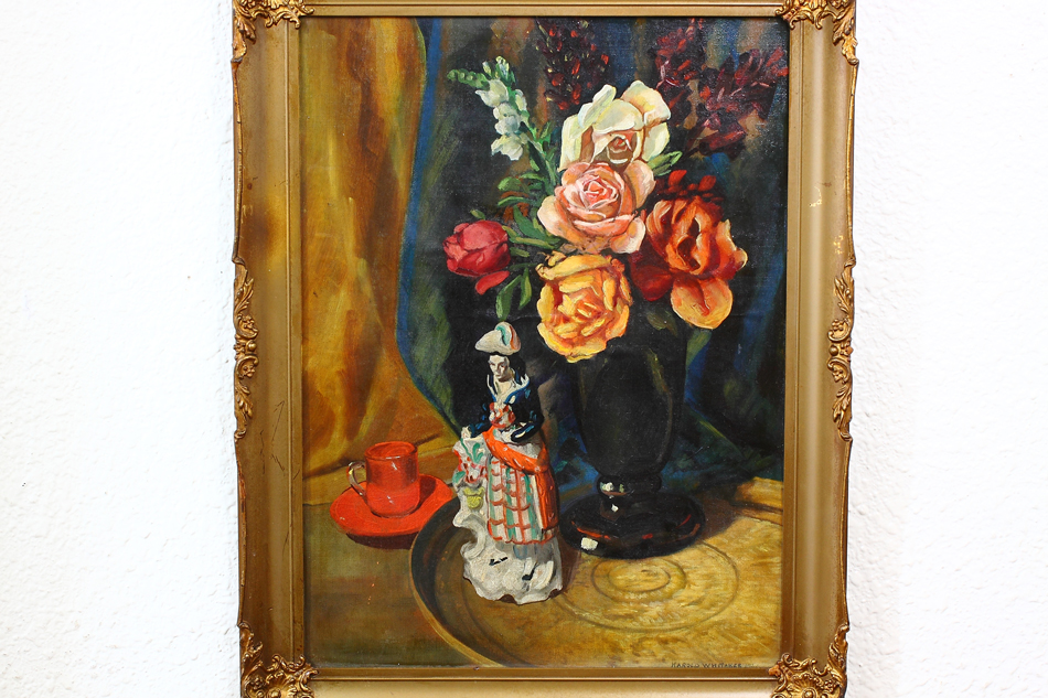 Flowers and a Porcelain Figure / Oil Painting