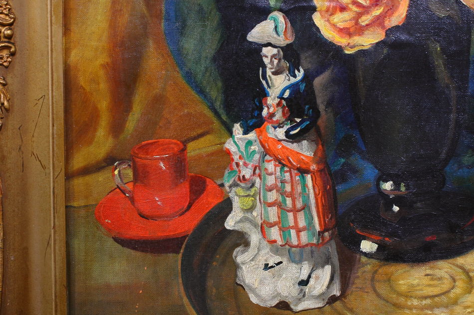 Flowers and a Porcelain Figure / Oil Painting