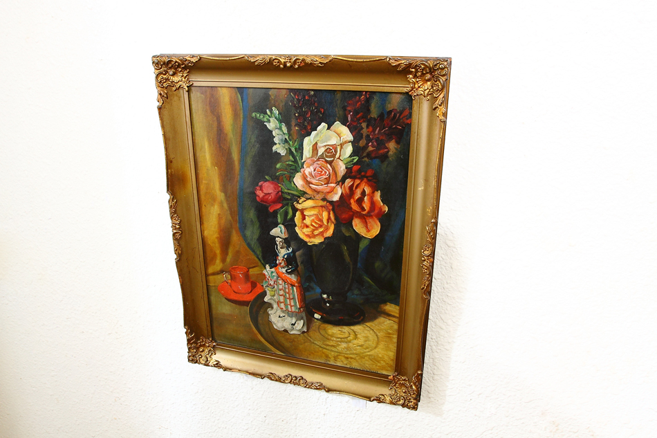 Flowers and a Porcelain Figure / Oil Painting