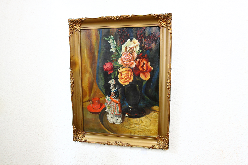 Flowers and a Porcelain Figure / Oil Painting