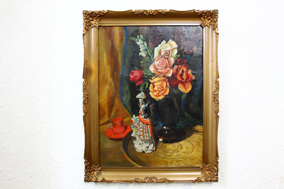 Flowers and a Porcelain Figure / Oil Painting