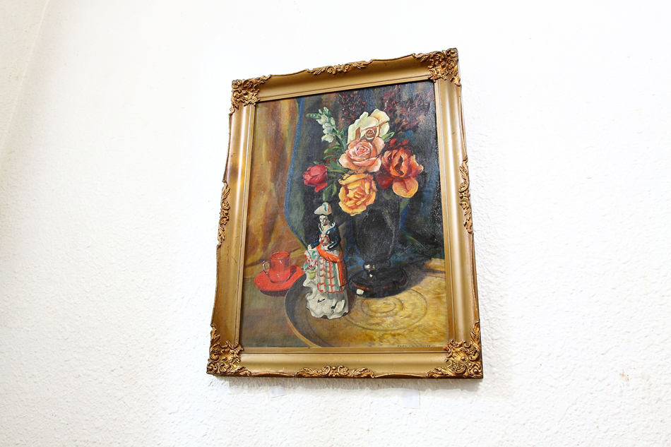 Flowers and a Porcelain Figure / Oil Painting