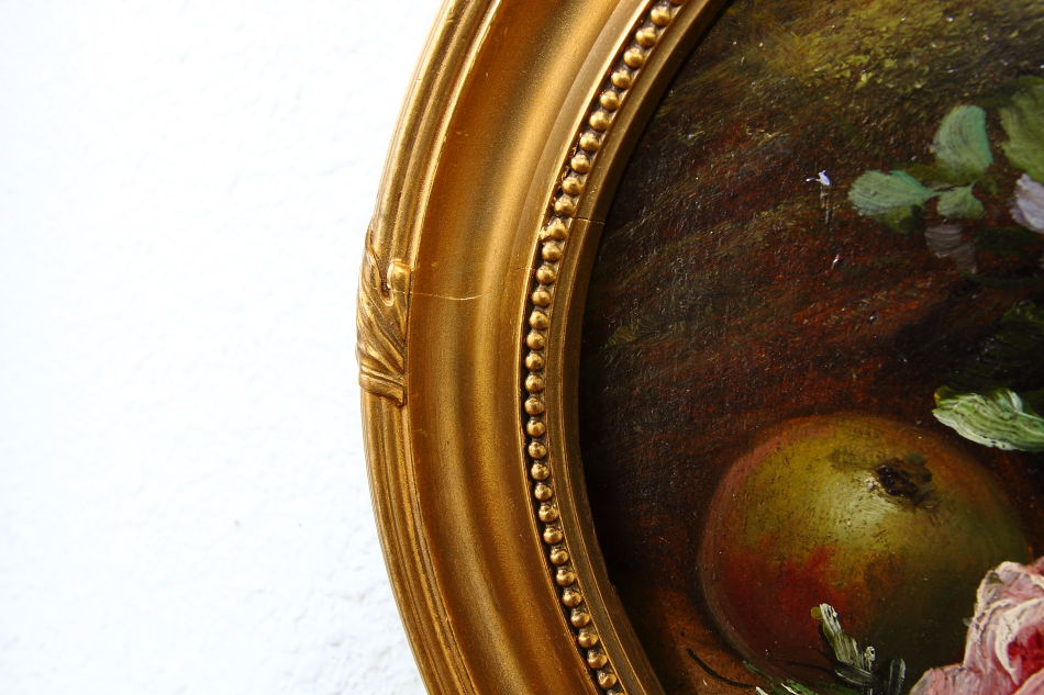 Fruits and flowers on mossy bank / oil painting