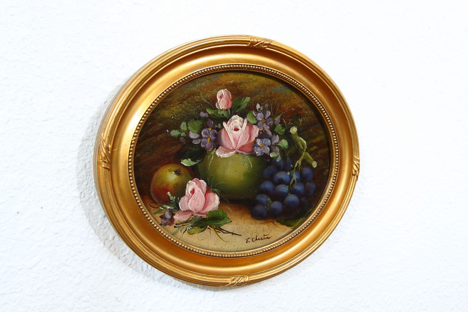 Fruits and flowers on mossy bank / oil painting