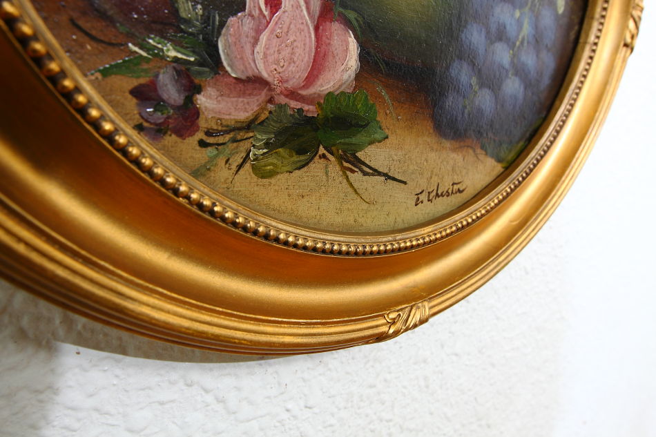Fruits and flowers on mossy bank / oil painting