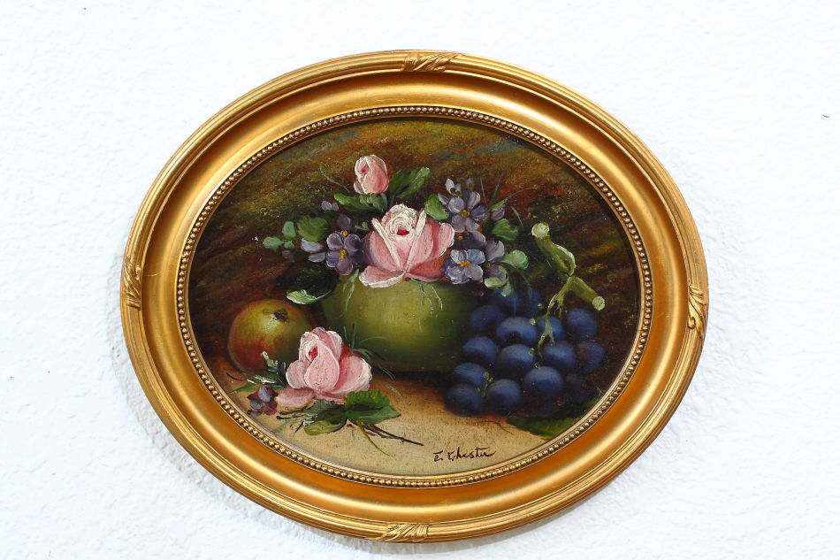 Fruits and flowers on mossy bank / oil painting