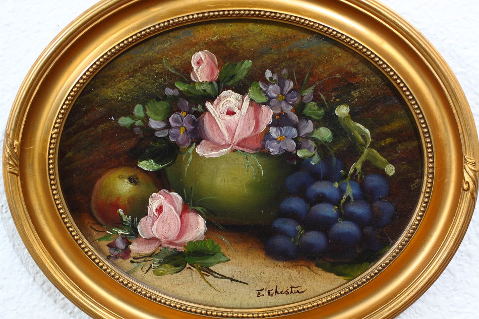 Fruits and flowers on mossy bank / oil painting