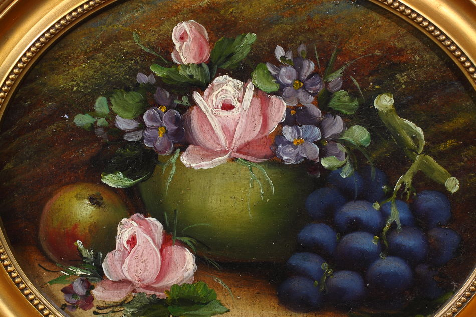 Fruits and flowers on mossy bank / oil painting