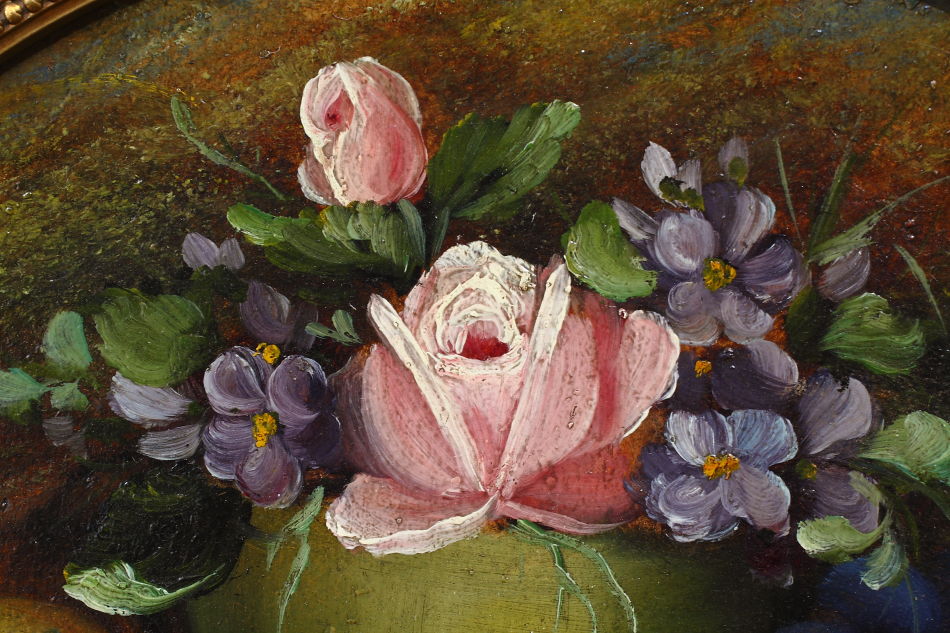 Fruits and flowers on mossy bank / oil painting