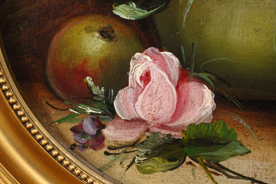 Fruits and flowers on mossy bank / oil painting
