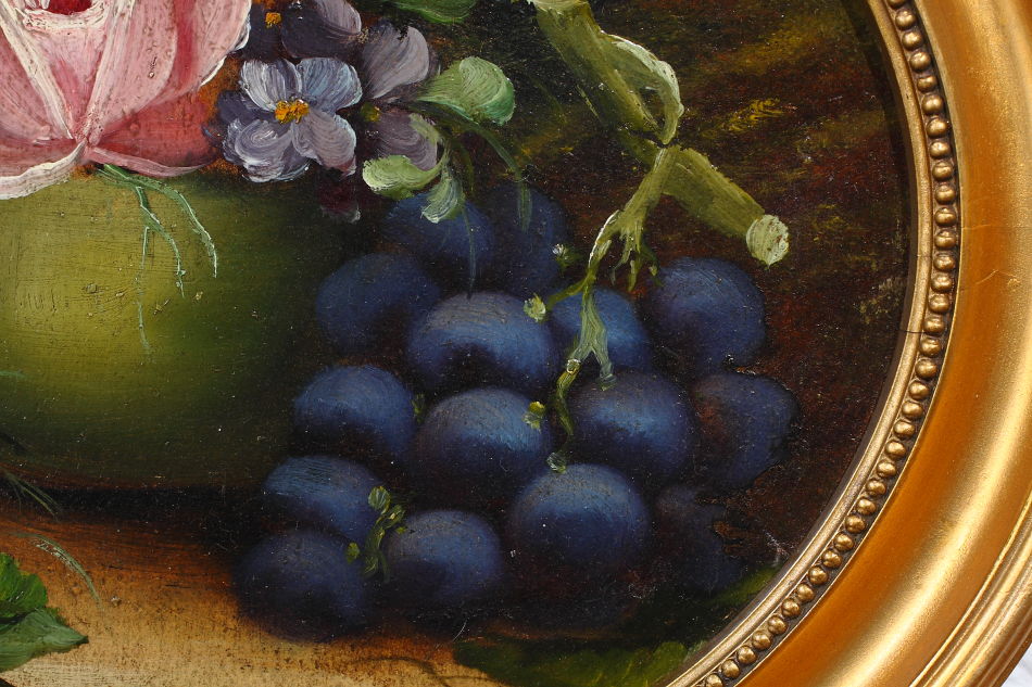 Fruits and flowers on mossy bank / oil painting