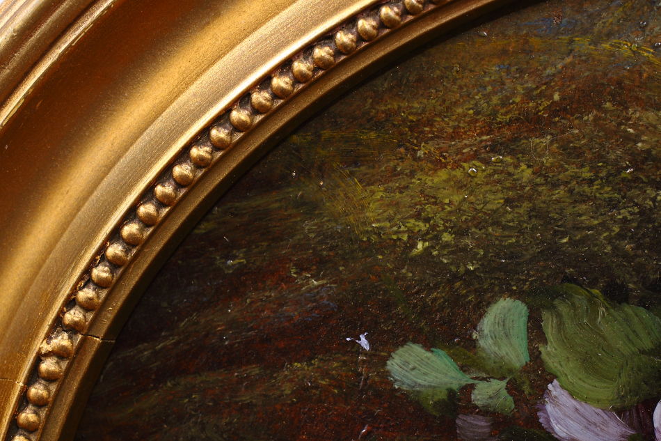 Fruits and flowers on mossy bank / oil painting