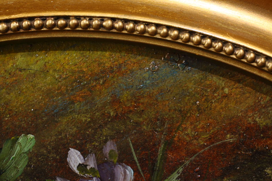 Fruits and flowers on mossy bank / oil painting