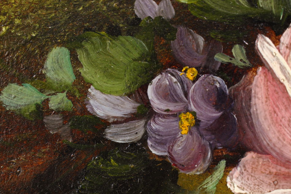 Fruits and flowers on mossy bank / oil painting