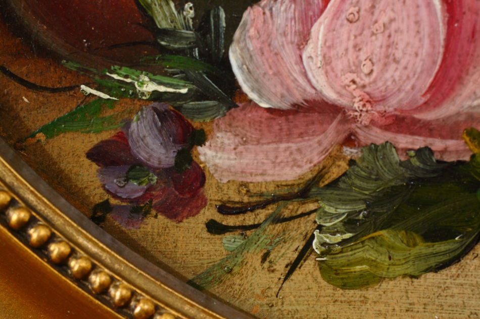 Fruits and flowers on mossy bank / oil painting