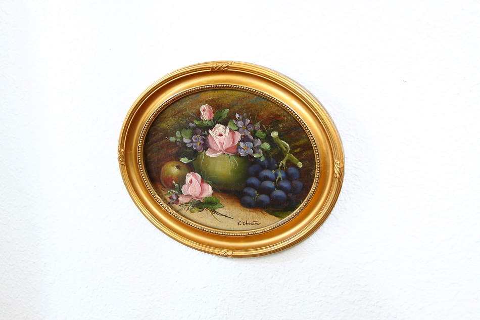 Fruits and flowers on mossy bank / oil painting