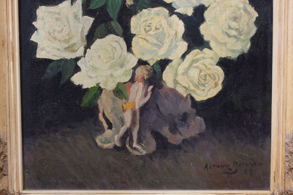 White roses with a small pixie / oil painting