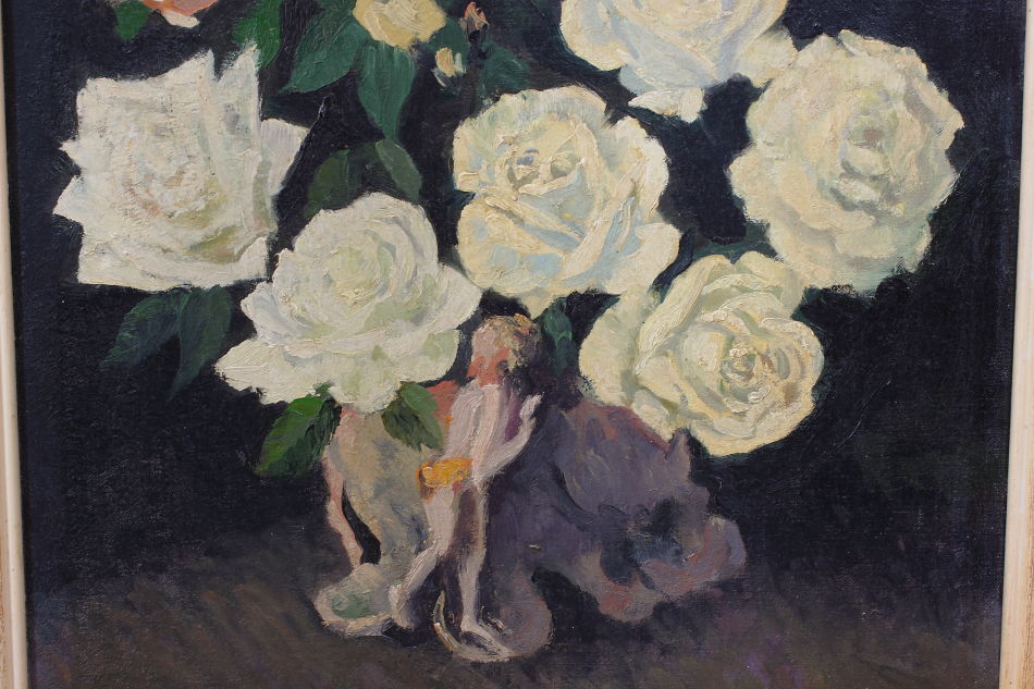 White roses with a small pixie / oil painting