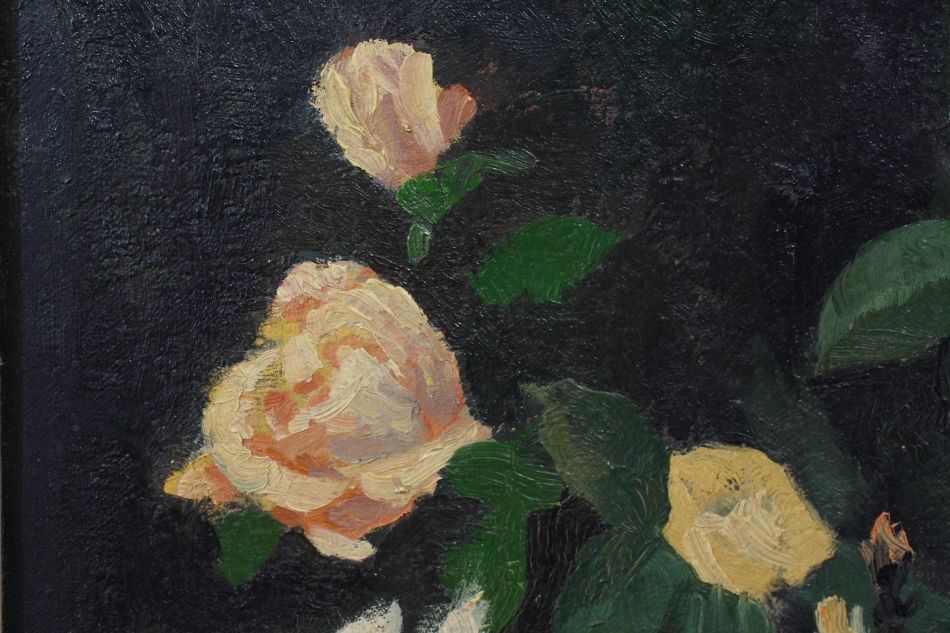White roses with a small pixie / oil painting