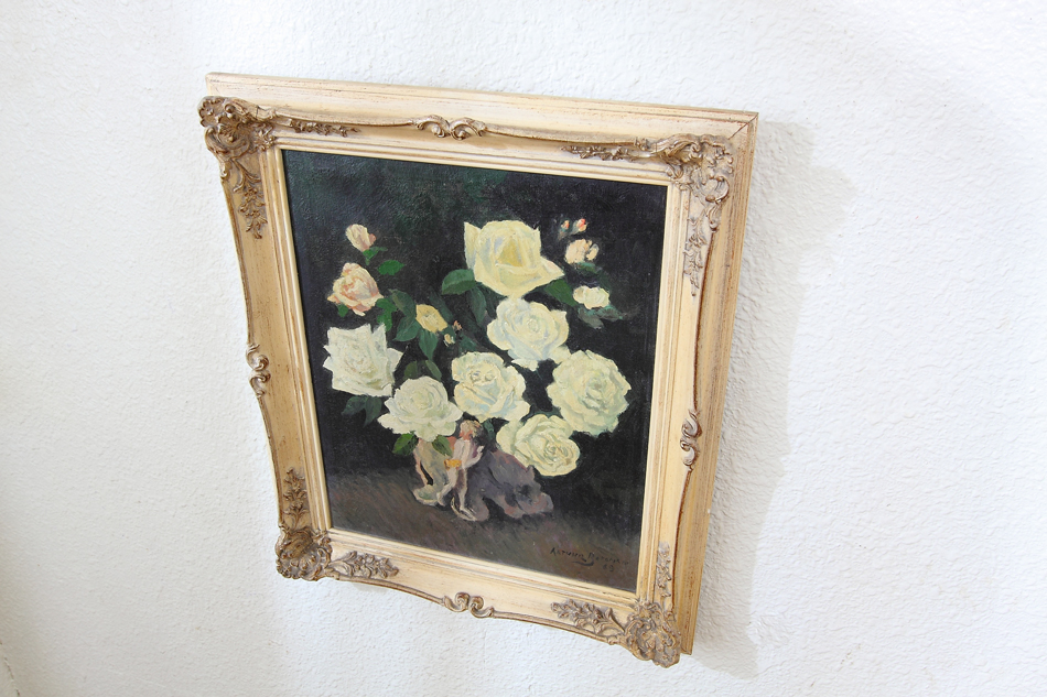 White roses with a small pixie / oil painting