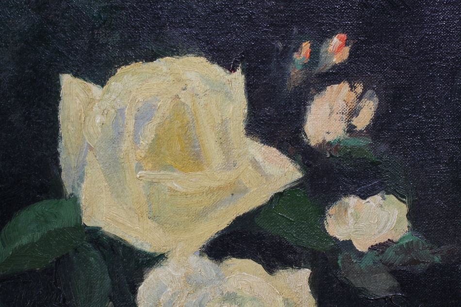 White roses with a small pixie / oil painting