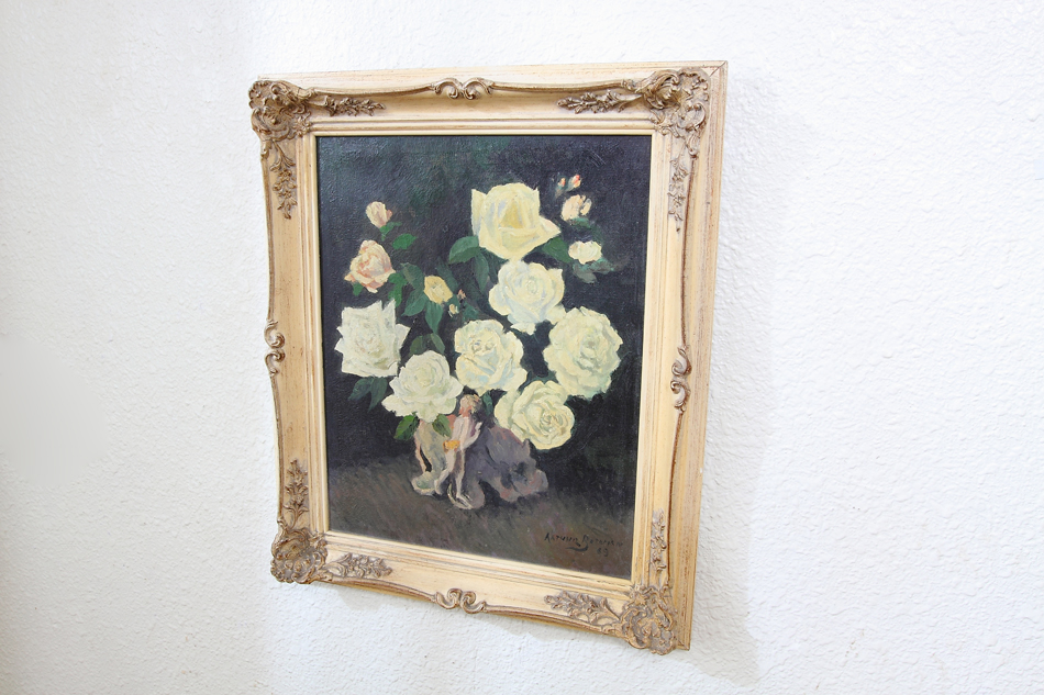 White roses with a small pixie / oil painting