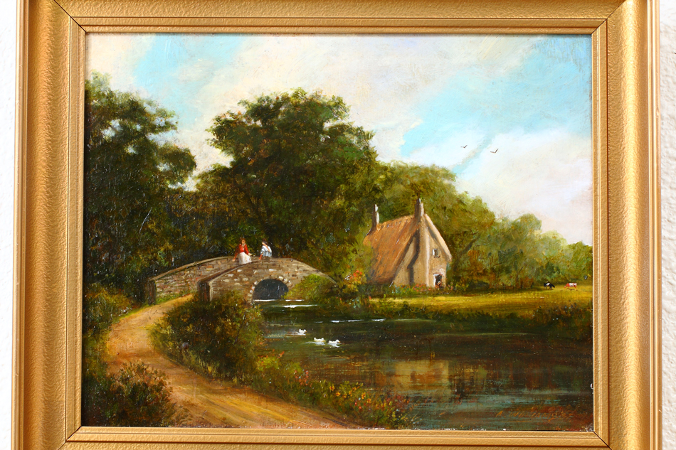 IRISH MAIDENS ON A BRIDGE Nr.TRALEE / oil painting