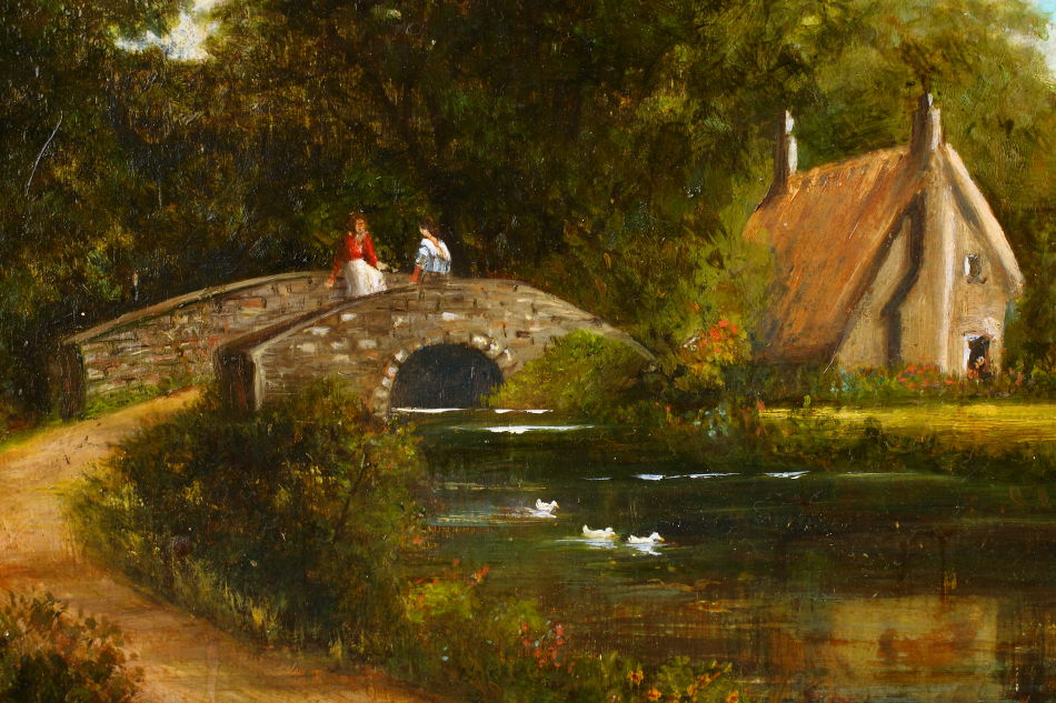 IRISH MAIDENS ON A BRIDGE Nr.TRALEE / oil painting