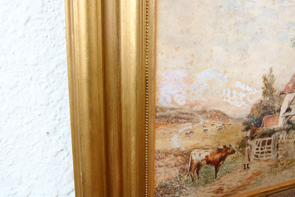 Cattle & Figure by a Rural Cottage / Water Colour 