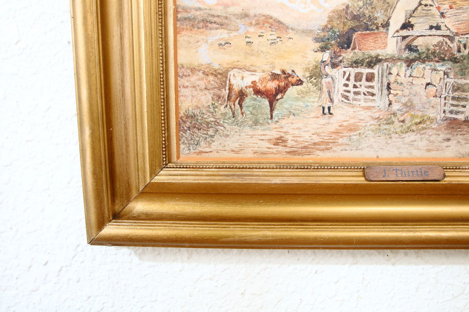 Cattle & Figure by a Rural Cottage / Water Colour 