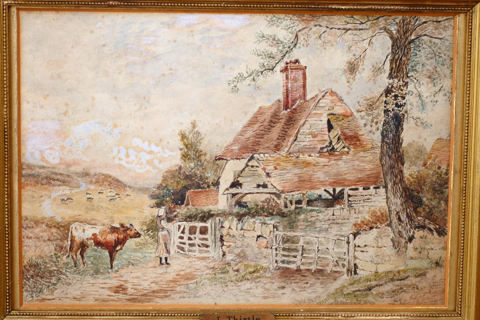 Cattle & Figure by a Rural Cottage / Water Colour 
