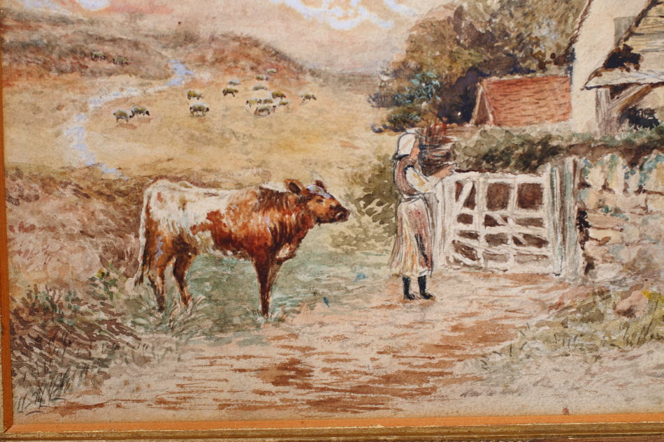 Cattle & Figure by a Rural Cottage / Water Colour 