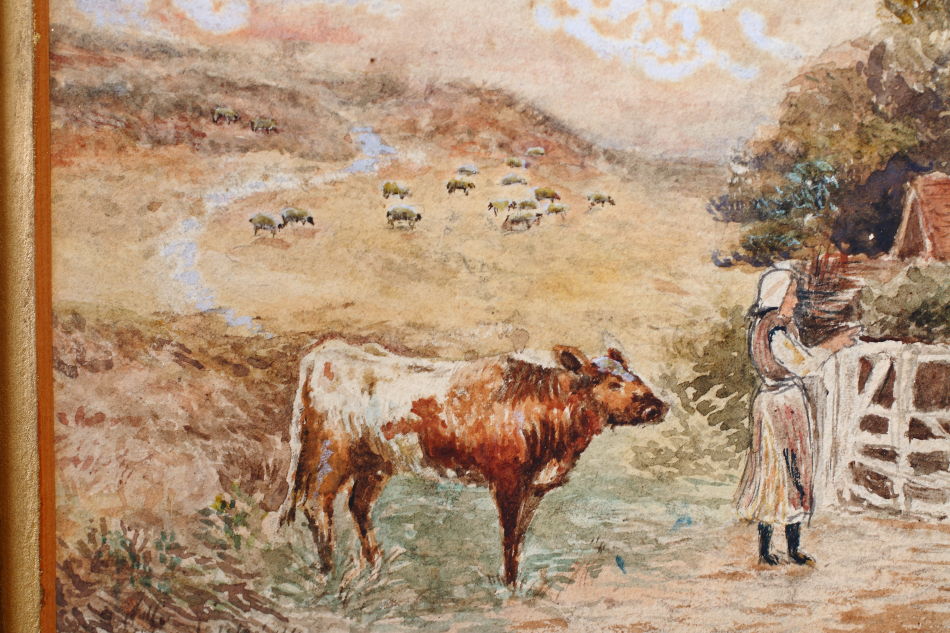 Cattle & Figure by a Rural Cottage / Water Colour 