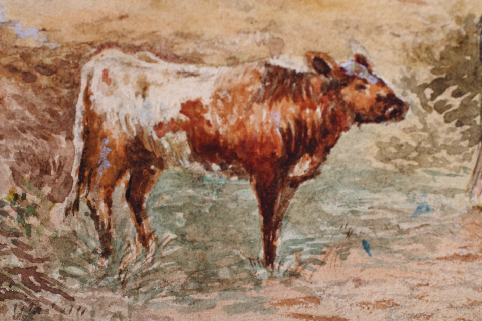 Cattle & Figure by a Rural Cottage / Water Colour 