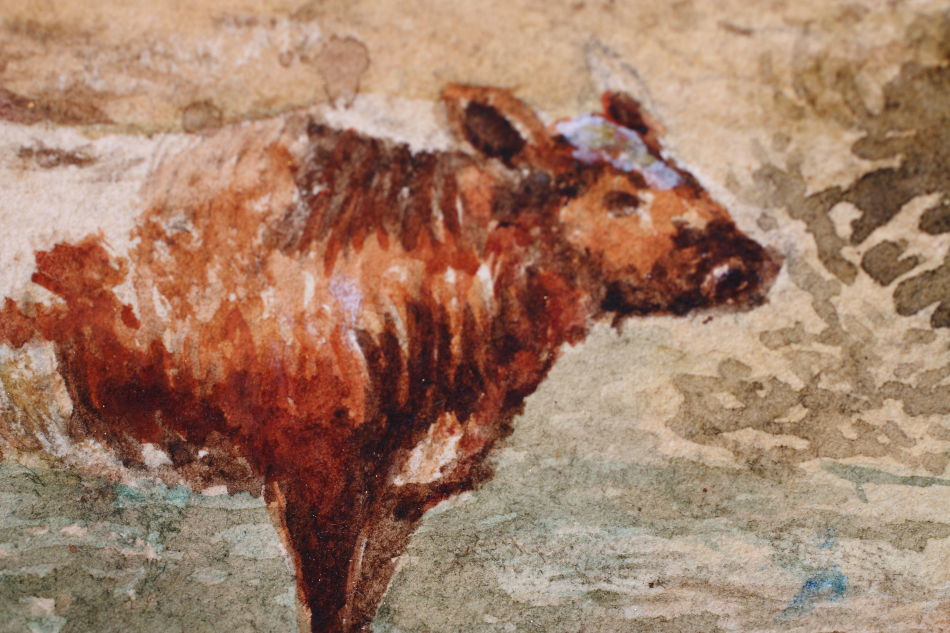 Cattle & Figure by a Rural Cottage / Water Colour 