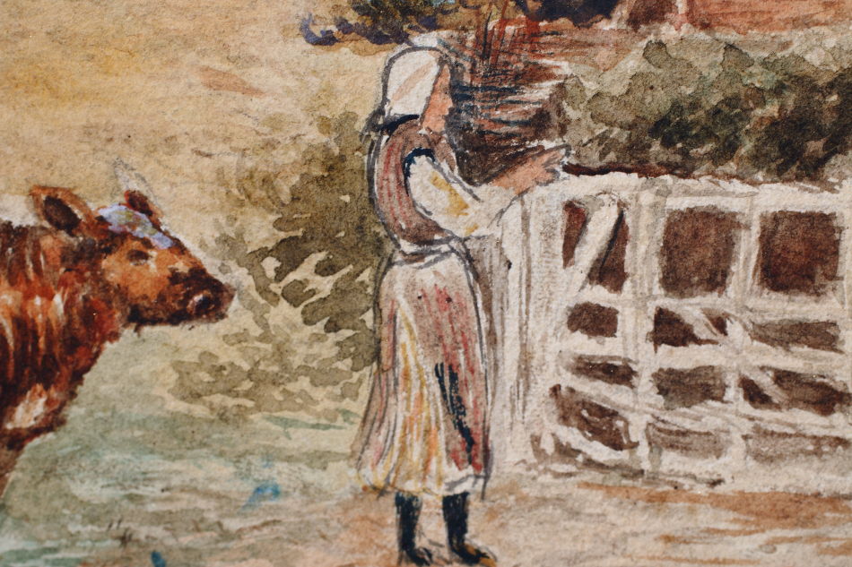 Cattle & Figure by a Rural Cottage / Water Colour 