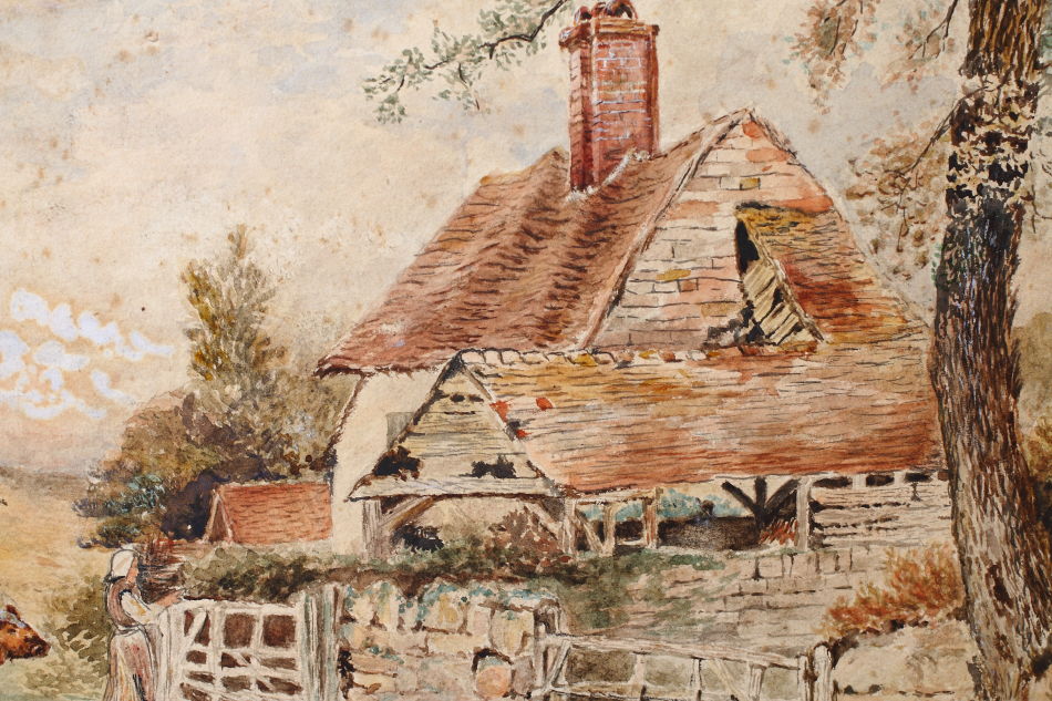 Cattle & Figure by a Rural Cottage / Water Colour 