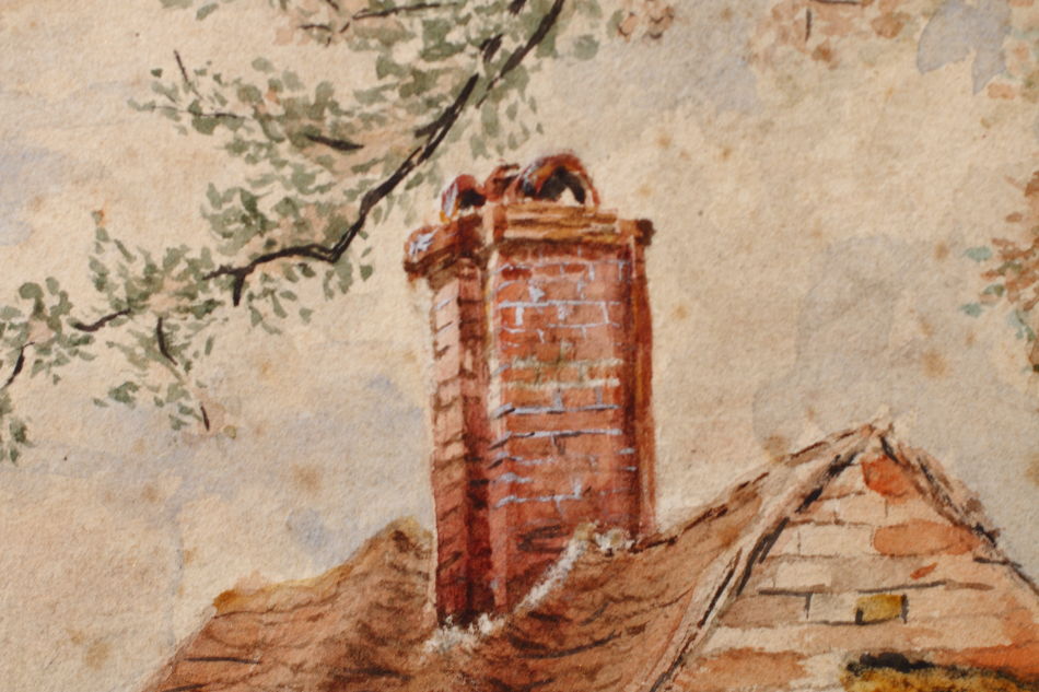 Cattle & Figure by a Rural Cottage / Water Colour 