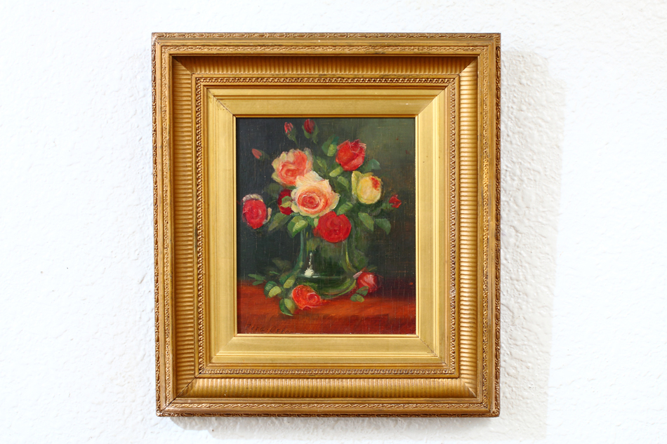 Still life with Roses in a Glass Vase/Oil Painting