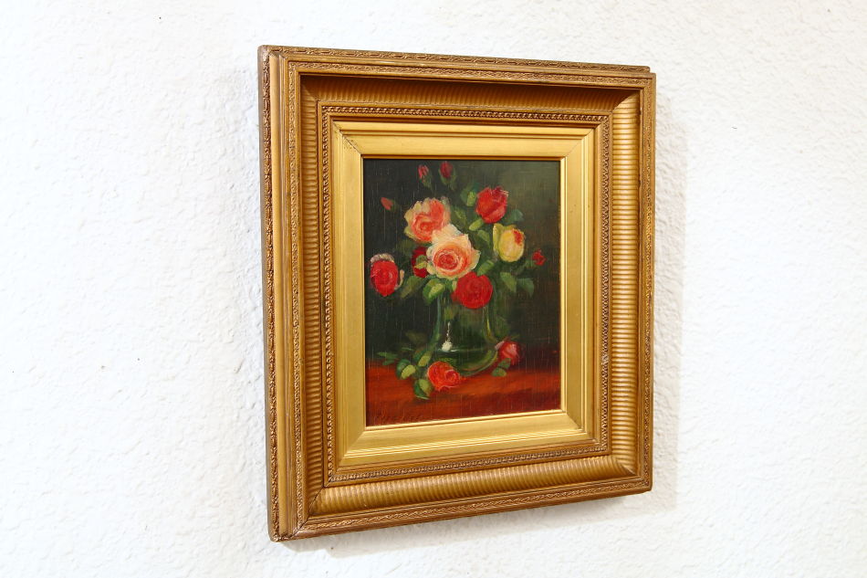 Still life with Roses in a Glass Vase/Oil Painting