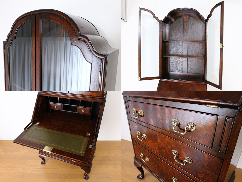 クイーンアンスタイル イングランドオーク ドームトップビューローブックケース