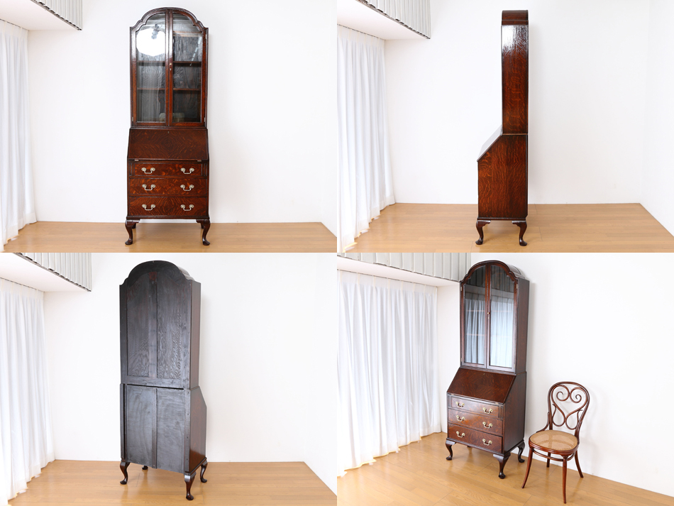 クイーンアンスタイル イングランドオーク ドームトップビューローブックケース