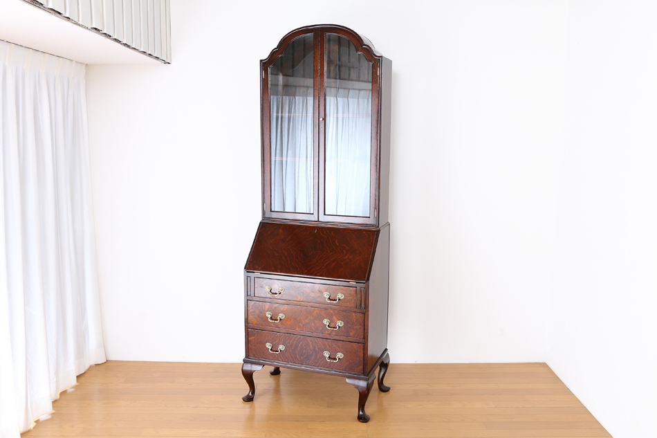 クイーンアンスタイル イングランドオーク ドームトップビューローブックケース