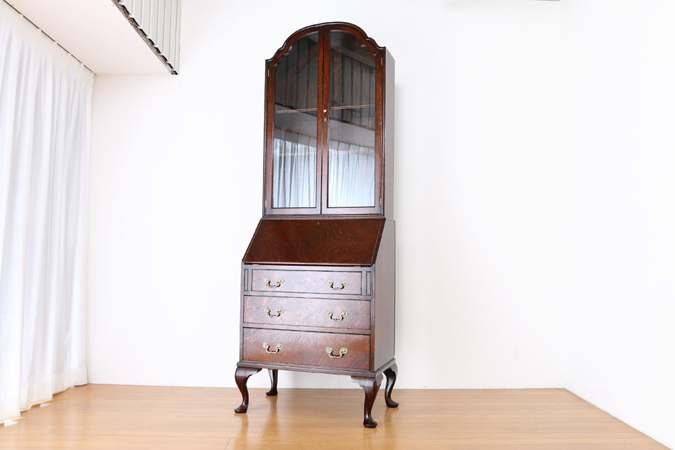 クイーンアンスタイル イングランドオーク ドームトップビューローブックケース